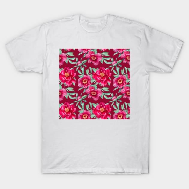 Bright peonies on bordo pattern T-Shirt by Oksana Creates